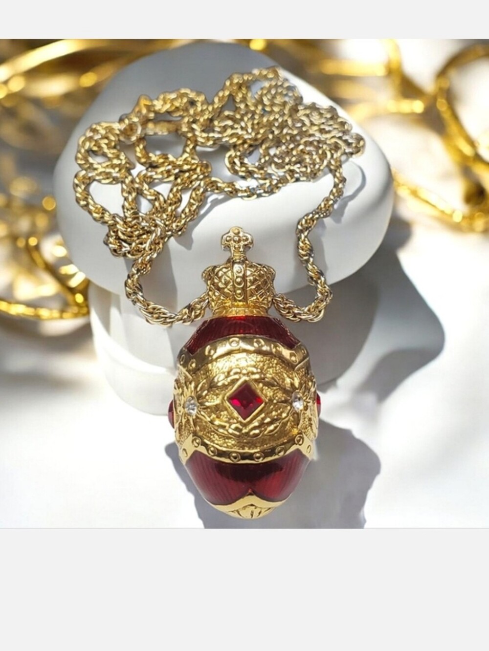 Joan Rivers Vintage Faberge Imperial Crown Maltese Cross Egg Necklace